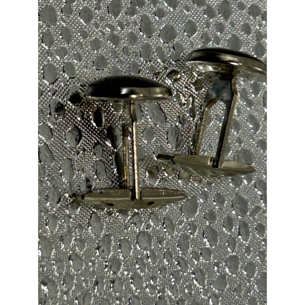 Pioneer Vintage Mens Silver Tone Black Cabochon Round Toggle Back‎ Cufflinks
